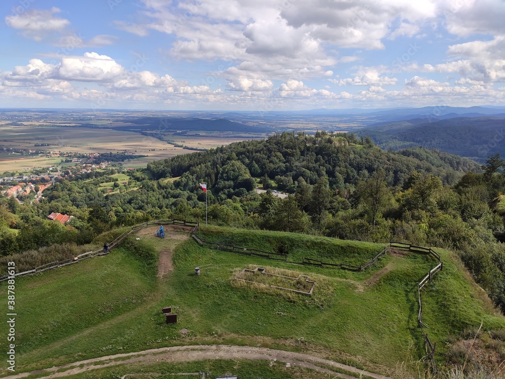 Srebrna Gora, Dolnoslaskie / Poland - 2nd of September 2020: Scenic view from the top of donjon in old historical prussian defensive fortress made of bricks in Silesia - Srebrna Gora Srebrna Gora, Dolnoslaskie / Poland - 2nd of September 2020: Scenic view from the top of donjon in old historical prussian defensive fortress made of bricks in Silesia - Srebrna Gora