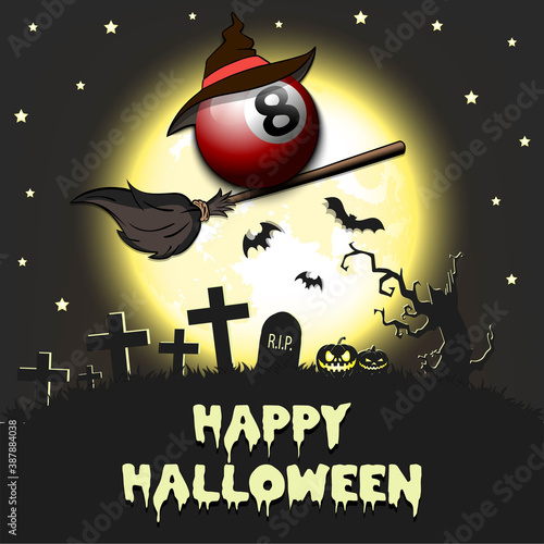 Happy Halloween. Billiard ball with witch hat on a broomstick against the background of the moon. Pattern for banner, poster, greeting card, flyer, party invitation. Vector illustration