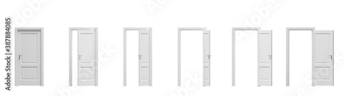 Fototapeta Naklejka Na Ścianę i Meble -  Set of white wooden doors in different stages of opening. Entrance and doorways. Indoor interior. Closed and open way. 3d render.