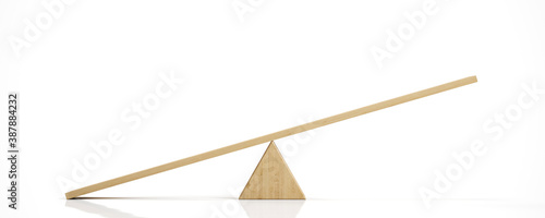 3d rendering of a light wooden seesaw with the left side leaning to the ground on white background. Geometrical shapes. Saving balance. Scales.