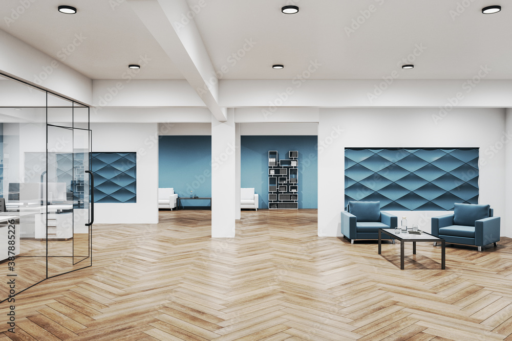 Fototapeta premium Contemporary living room with shelf with books and computer on table.