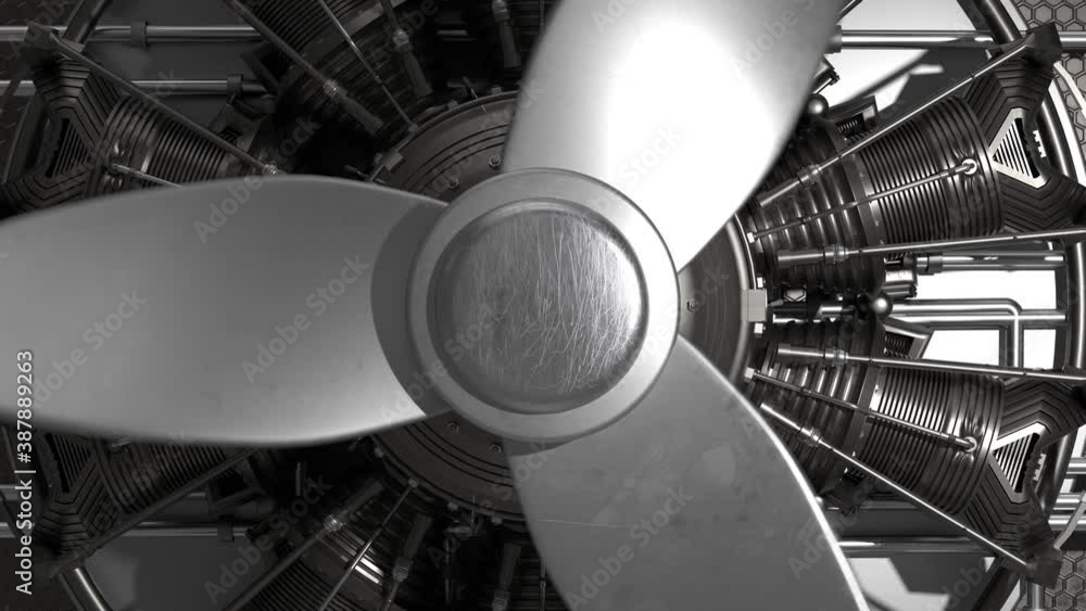 Blades of a jet engine or fan, helicopter, ship. Chrome and metal. Turn
