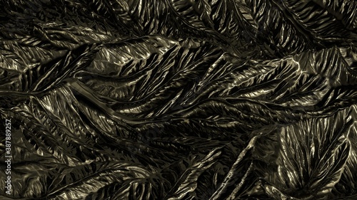 Gold abstract background. Dark brown-yellow wavy surface fractal jagged scatter topographic artificial landscape mountain. The image includes a black and white effect. 3d rendering