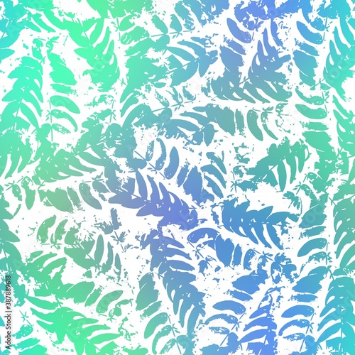 Seamless satin soft pastel color leaves pattern. High quality illustration. Beach or resort wear design of leaves in fuzzy turquoise and white. Repeat raster jpg pattern design.