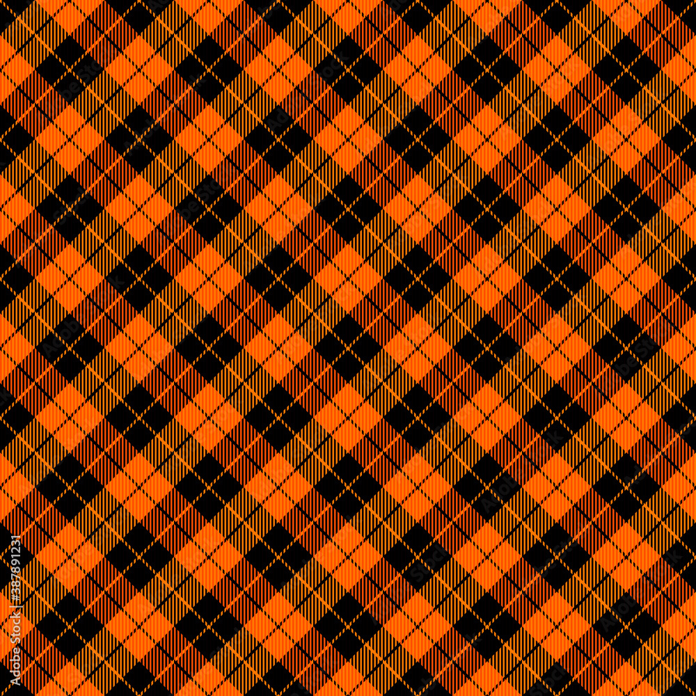 Diagonal tartan Halloween plaid. Scottish pattern in orange and black cage. Scottish cage. Traditional Scottish checkered background. Seamless fabric texture. Vector illustration Diagonal tartan Halloween plaid. Scottish pattern in orange and black cage. Scottish cage. Traditional Scottish checkered background. Seamless fabric texture. Vector illustration