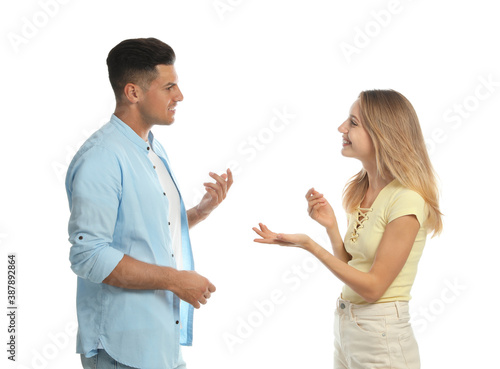 Man and woman talking on white background