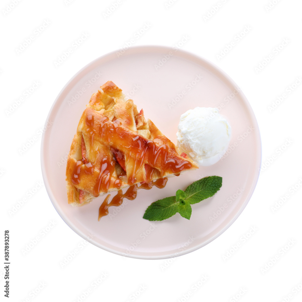 Slice of traditional apple pie with ice cream and mint isolated on white, top view Slice of traditional apple pie with ice cream and mint isolated on white, top view