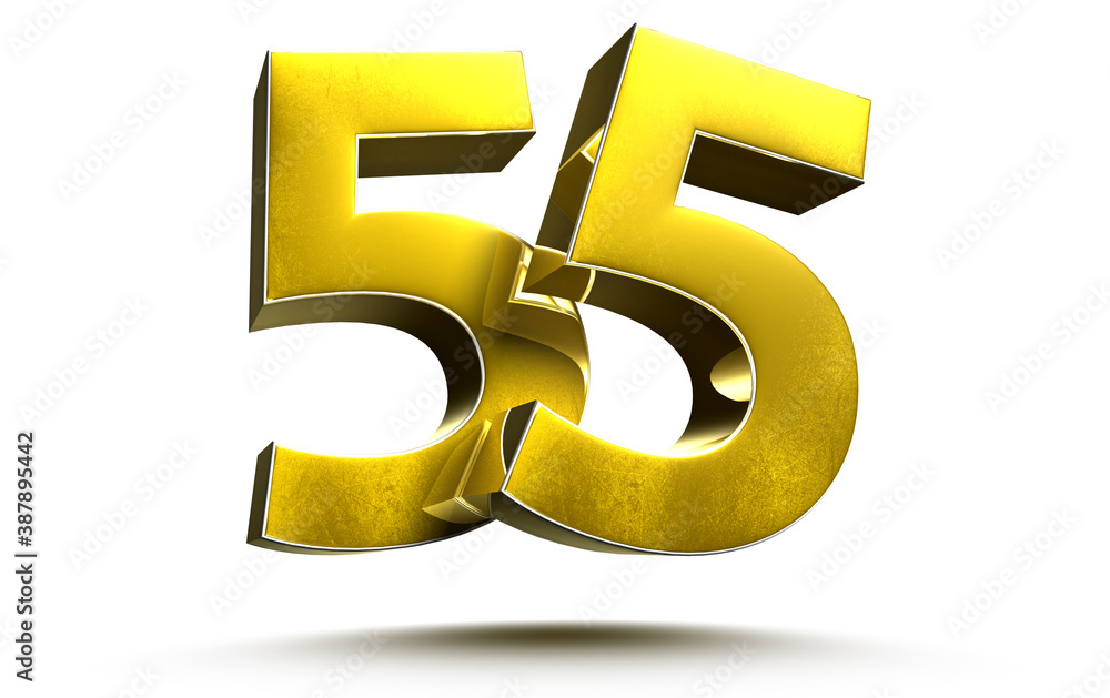 Gold numbers 55 isolated on white background illustration 3D rendering