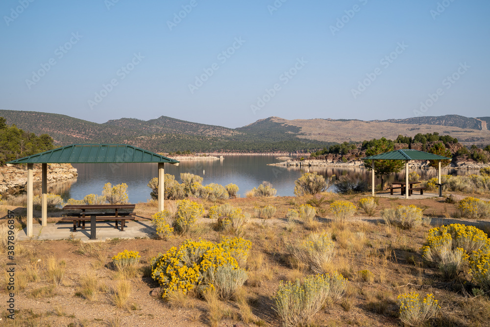 Picnic tables area at the Flaming Gorge National Recreation Area in Utah