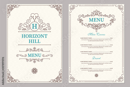 Restaurant menu design. Vector brochure template for cafe, coffee house, restaurant, bar. Food and drinks logotype symbol design. Vintage background