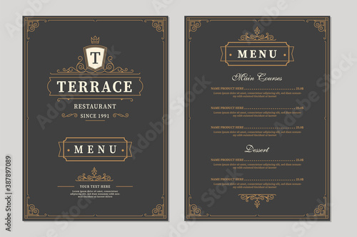Restaurant menu design. Vector brochure template for cafe, coffee house, restaurant, bar. Food and drinks logotype symbol design. Vintage background
