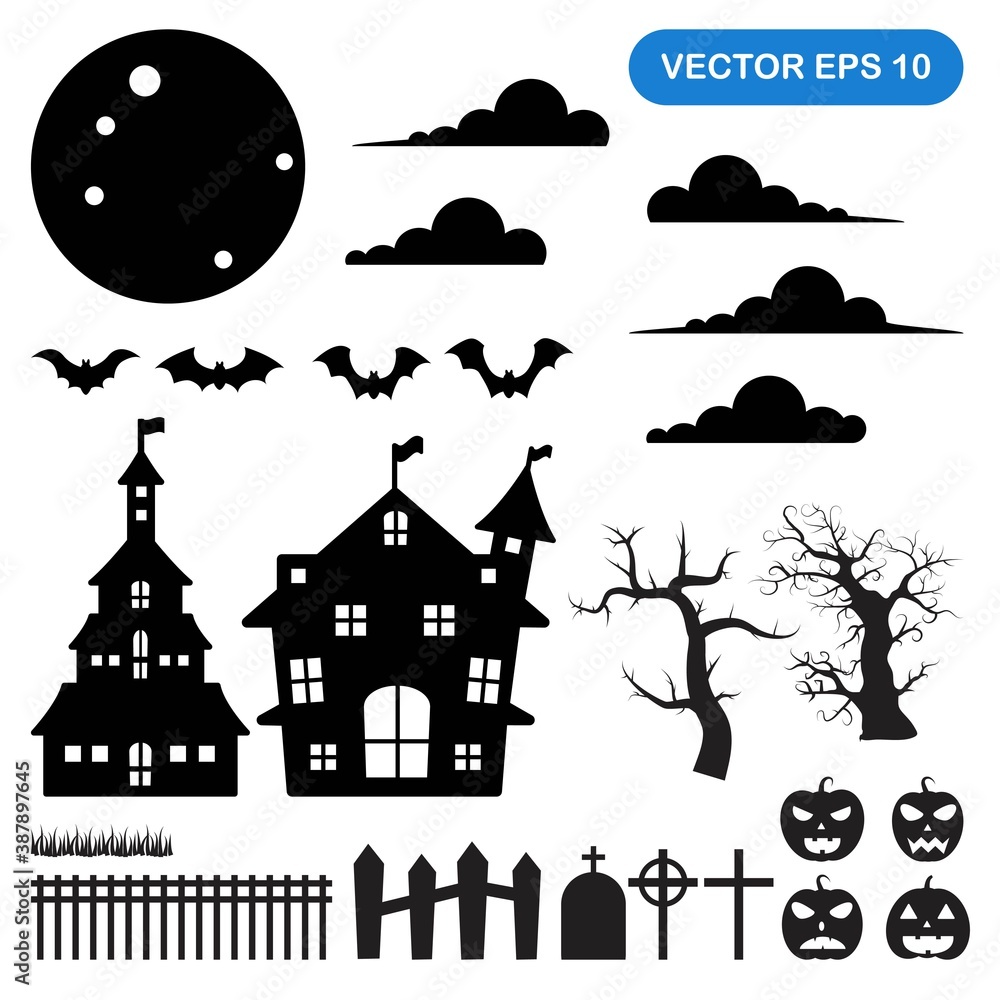 Set of Halloween illustration vector on white background. Solid style. good for logo, pattern, web, icon, business, card etc.