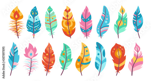 Boho feather cartoon set. Colorful bird feathers pattern, hand drawn indian design collection. Ethnic bohemian style, hipster symbols. Vector illustration
