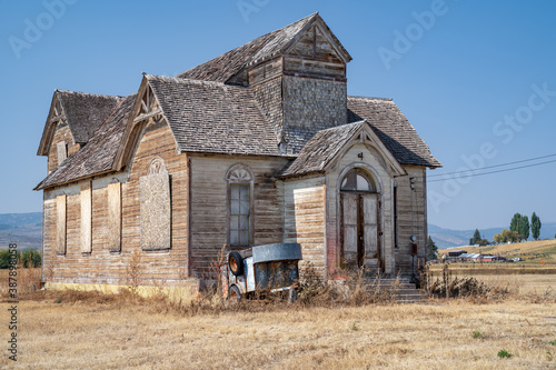 Old, abandoned LDS mormon church in Ovid, Idaho photo