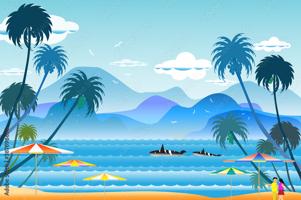 Vector illustration seascape background travel over sea with umbrella.