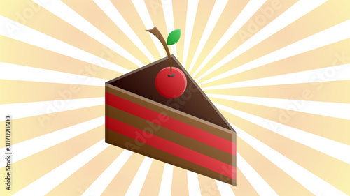 A piece of chocolate cake on white plate. Square dark chocolate sponge cake with confiture, cake sprinkles. Cherries and mint