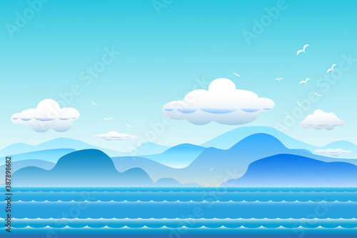 Vector illustration seascape background with the bird flying and cloud