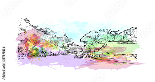 Building view with landmark of Cali is a Colombian city in the Valle del Cauca department. Watercolor splash with hand drawn sketch illustration in vector.