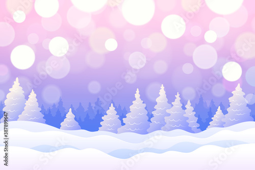 Winter background with snowy fir trees, snowdrifts and radiance