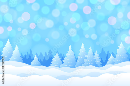 Winter background with snowy fir trees, snowdrifts and radiance