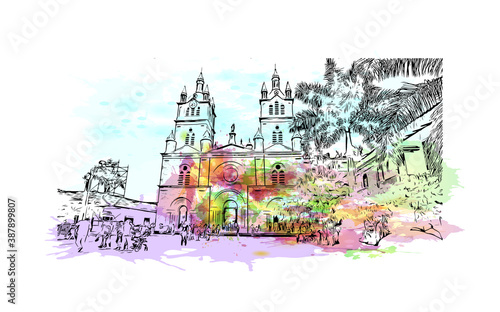 Building view with landmark of Cali is a Colombian city in the Valle del Cauca department. Watercolor splash with hand drawn sketch illustration in vector.