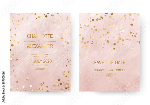 Elegant pink acrylic wedding invitation cards with gold stars confetti.