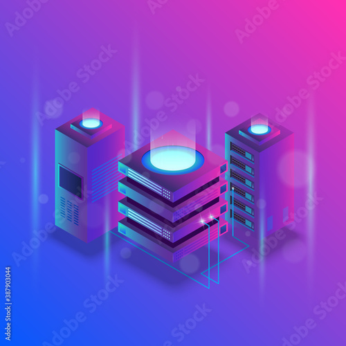 Concept of big data processing, energy station of future, server room rack, data center isometric vector illustration