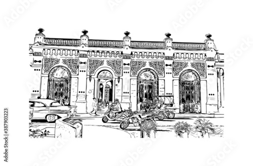 Building view with landmark of Camaguey is a city and municipality in central Cuba. Hand drawn sketch illustration in vector.