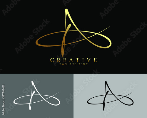 Initials signature letter A minimalist luxurious vector logo gold, black and white colours