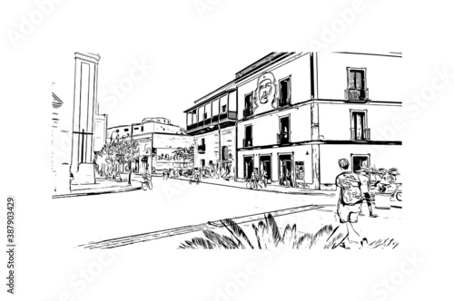 Building view with landmark of Camaguey is a city and municipality in central Cuba. Hand drawn sketch illustration in vector.