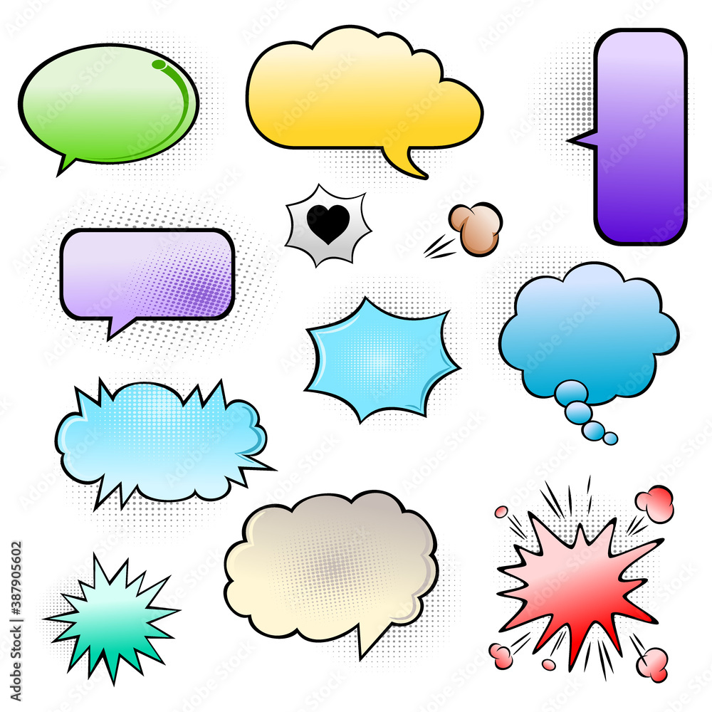 Retro empty comic bubbles and elements set with black halftone shadows Retro empty comic bubbles and elements set with black halftone shadows
