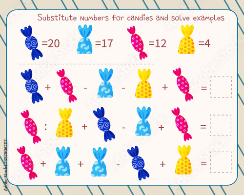 Math game for kids replace candies with numbers, solve an example and write down the answer