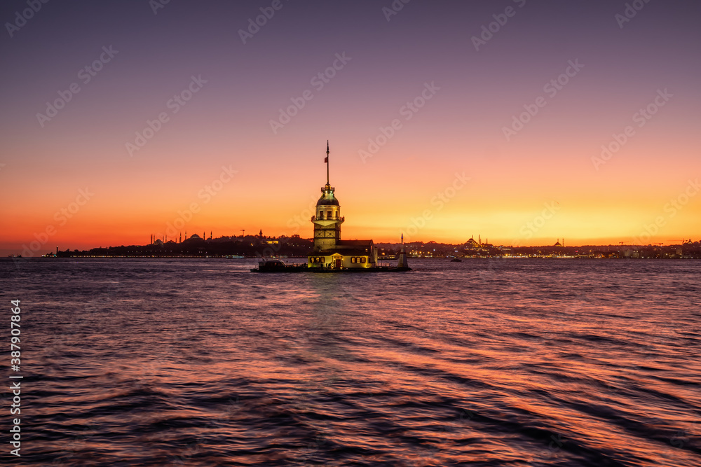 Maiden Tower at twilight in Istanbul, Turkey
