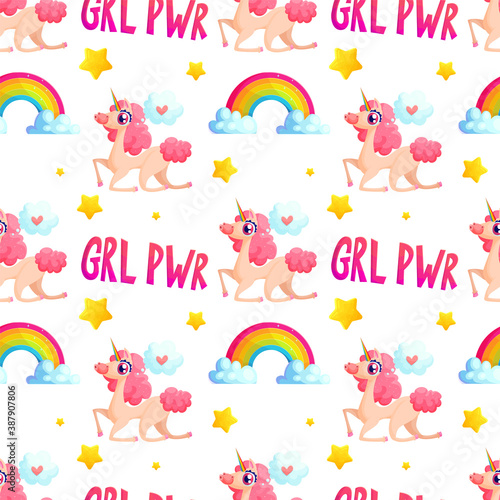 Unicorn and rainbow seamless pattern with grl pwr slogan. Cute girl power repeat background with pink magical horse character. Woman day girl apparel print.