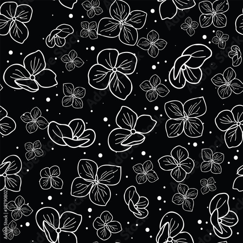 seamless pattern hand drawn outline hydrangea flowers with dots design