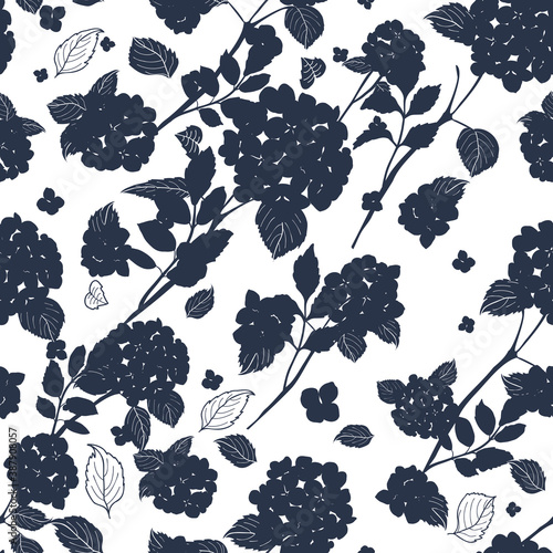 seamless pattern abstract round bouquet hydrangea flowers, leaves, stems silhouette design