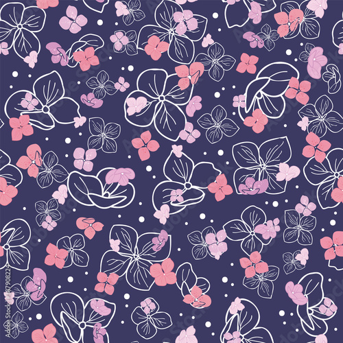 seamless pattern hand drawn hydrangea flowers with dots design