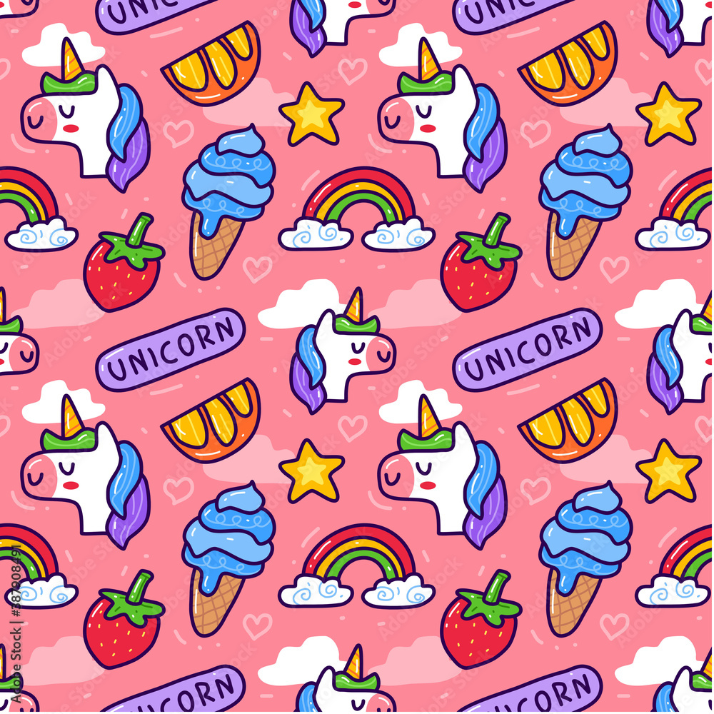 unicorn in doodle style seamless pattern on pink background. Can use for fabric etc