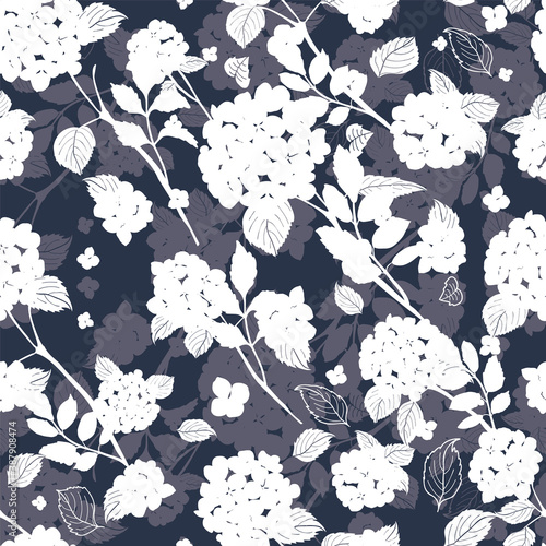 seamless pattern abstract white round bouquet hydrangea flowers, leaves, stems silhouette design