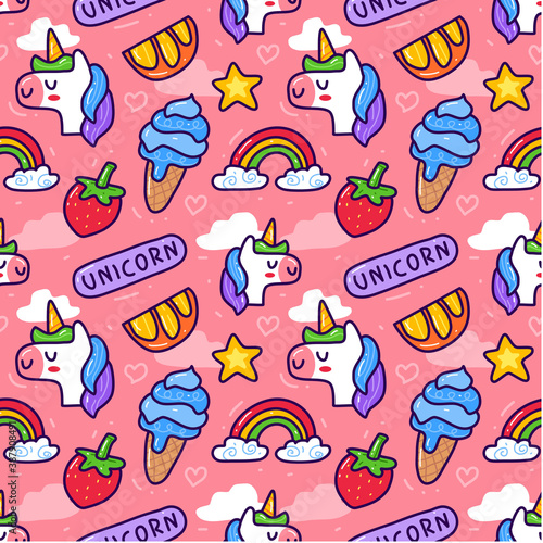 unicorn in doodle style seamless pattern on pink background. Can use for fabric etc
