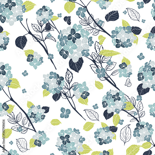 seamless pattern hand drawn blue round bouquet hydrangea flowers, stems leaves design