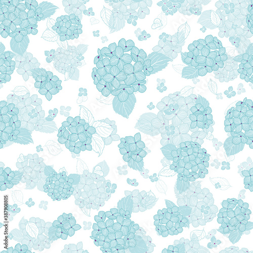 seamless pattern hand drawn blue round bouquet hydrangea flowers with leaves design