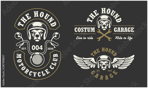 Dog head auto repair and custom Garage logo. Design element for company logo, label, emblem, sign, apparel or other merchandise. Scalable and editable Vector illustration.