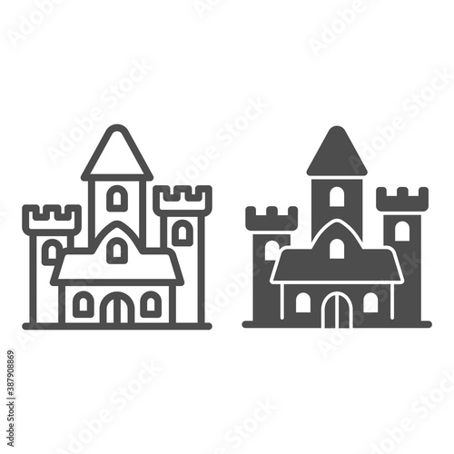 Medieval castle line and solid icon, fairy tales concept, palace sign on white background, gothic mansion icon in outline style for mobile concept and web design. Vector graphics.