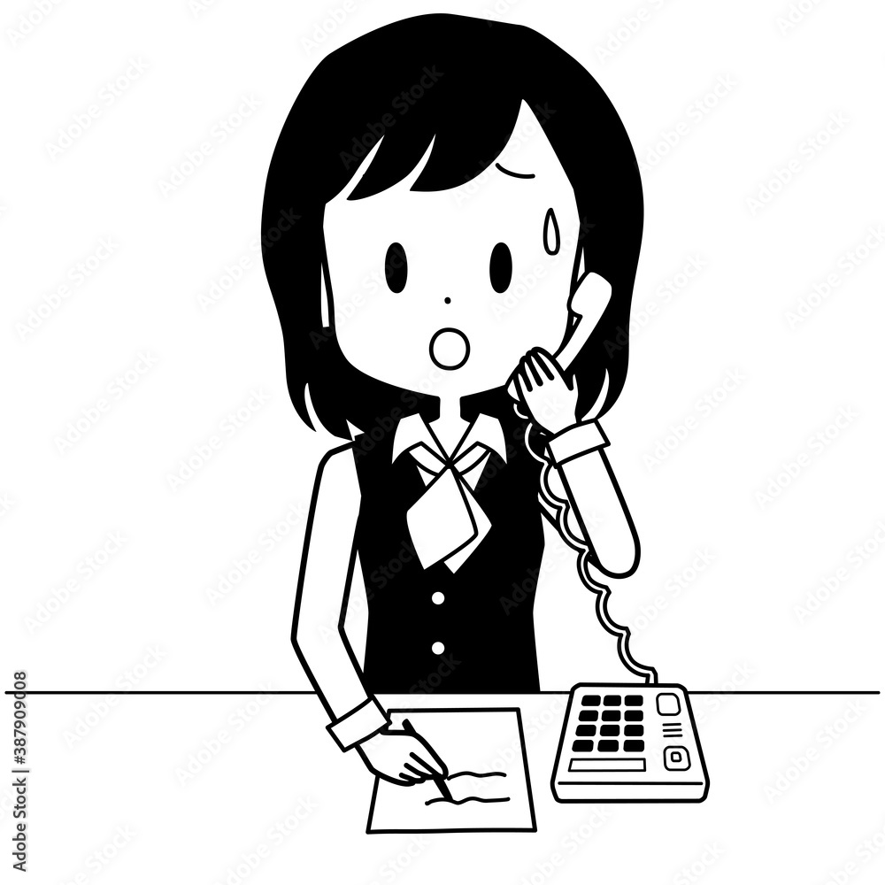 困った表情で電話応対をする事務員の女性 困った表情で電話応対をする事務員の女性