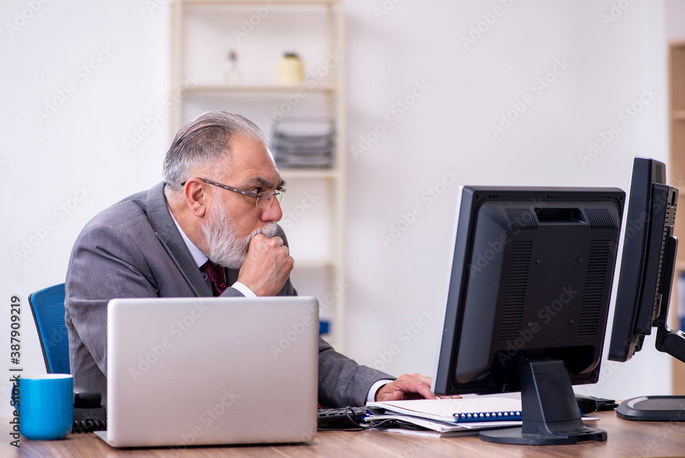 Old male boss sitting at desktop in the office Old male boss sitting at desktop in the office