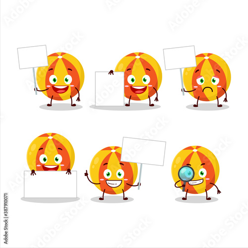 Fototapeta Naklejka Na Ścianę i Meble -  Yellow beach ball cartoon character bring information board