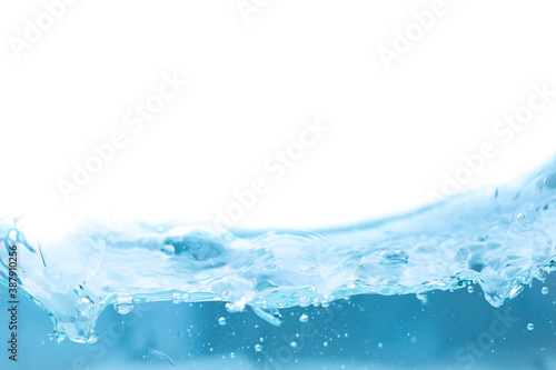Clear flowing water waves and bubbles isolated on white background