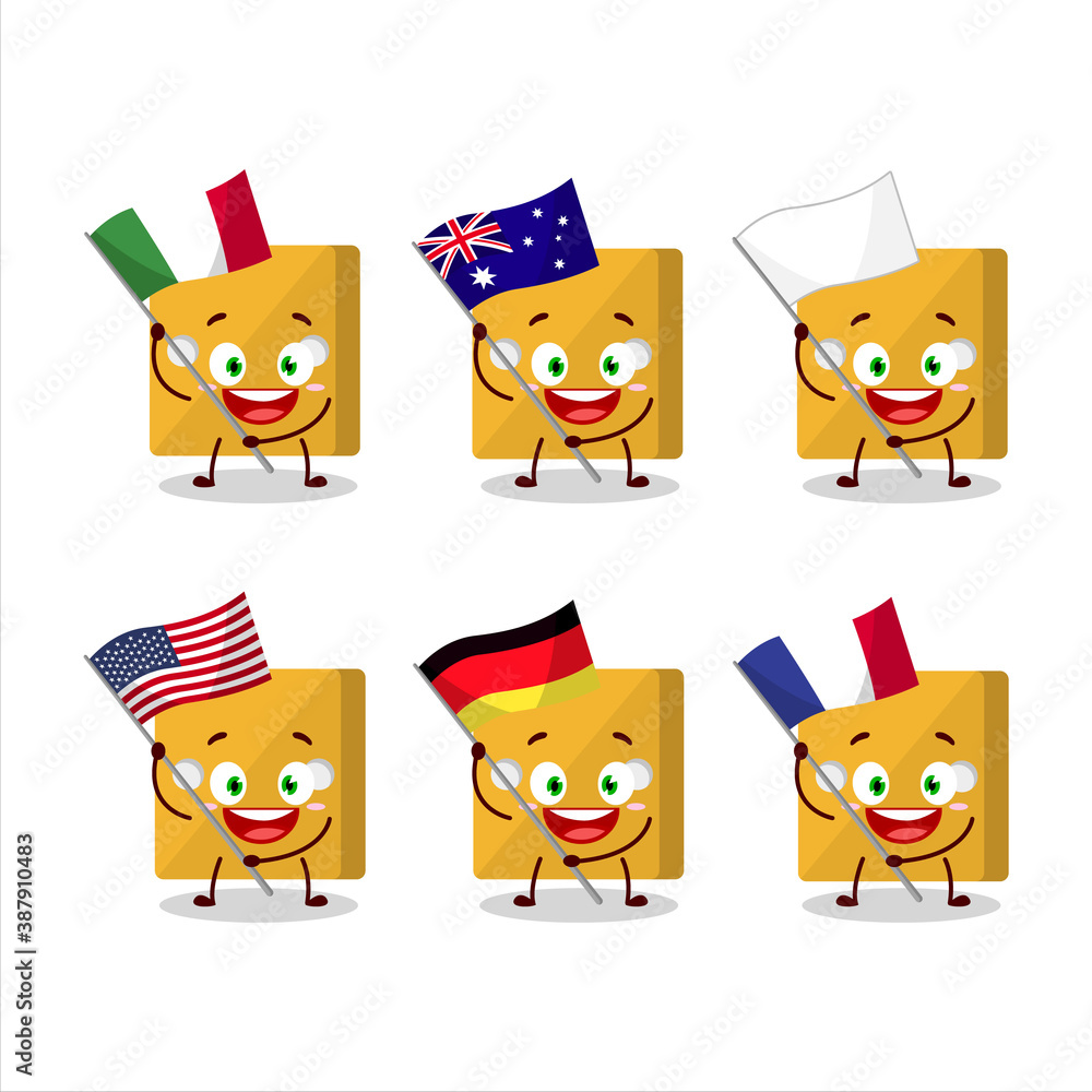 Yellow dice cartoon character bring the flags of various countries Yellow dice cartoon character bring the flags of various countries
