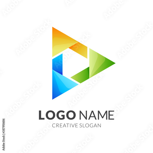 play button logo design with 3d colorful style